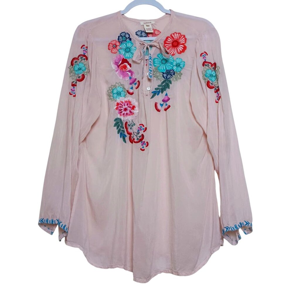 Sundance Floral Embroidered Long Sleeve Top Sheer Pink Boho Size Large